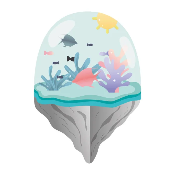 Ryb Exotických Mořských Řas Plovoucí Ostrov Vektorové Ilustrace — Stockový vektor