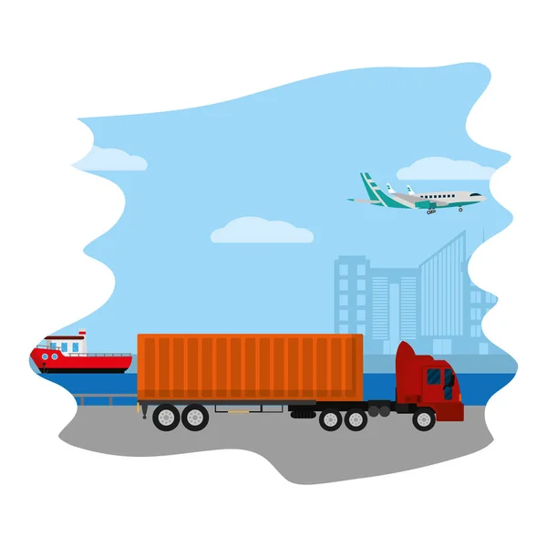 Servizio Consegna Camion Container Nave Con Aereo Vettoriale Illustrazione — Vettoriale Stock