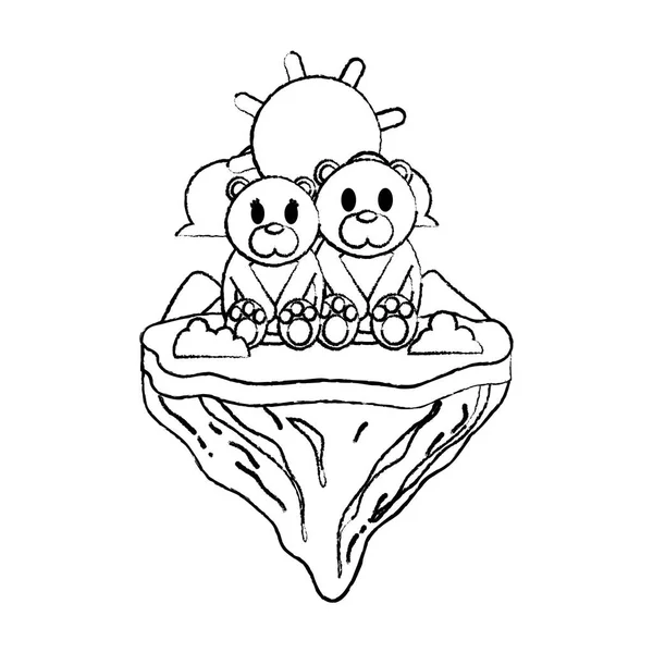 Grunge Couple Bear Animal Float Island Vector Illustration — Stock Vector