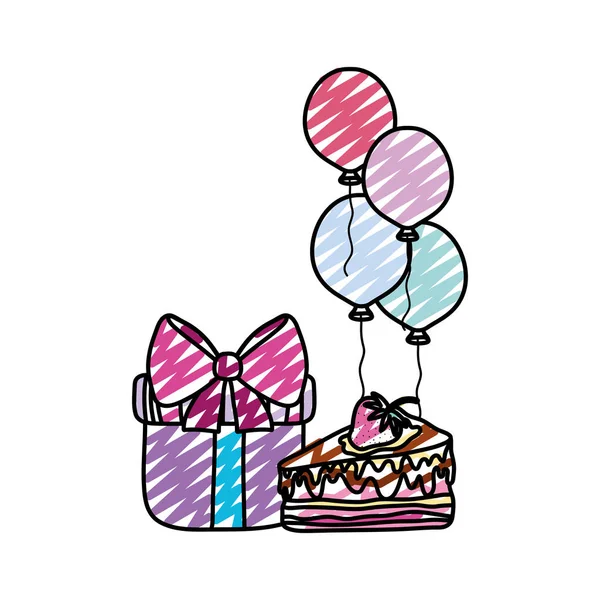 Каракули Подарок Тортом Воздушные Шары День Рождения Векторной Иллюстрации — стоковый вектор