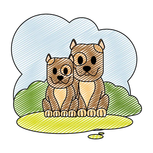 Doodle Casal Cão Bonito Animal Paisagem Vetor Ilustração —  Vetores de Stock