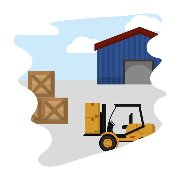 Teslimat Ahşap Kutuları Ile Depolamak Vektör Çizim Forklift — Stok Vektör