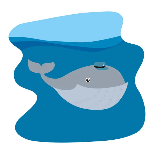 whale animal with hat in the ocean landscape vector illustration