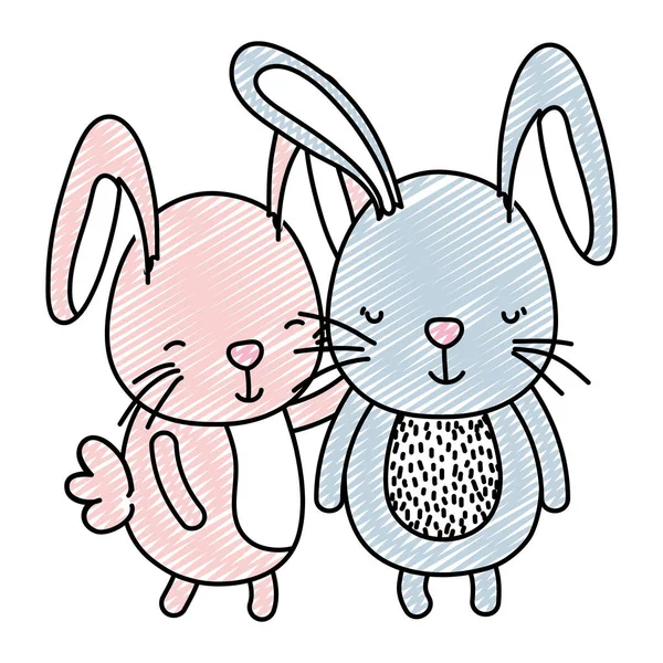 Doodle Çift Birlikte Sevimli Hayvan Vektör Çizim Tavşan — Stok Vektör