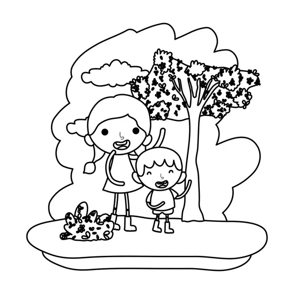 Línea Niña Niño Niños Reserva Forestal Vector Ilustración — Vector de stock