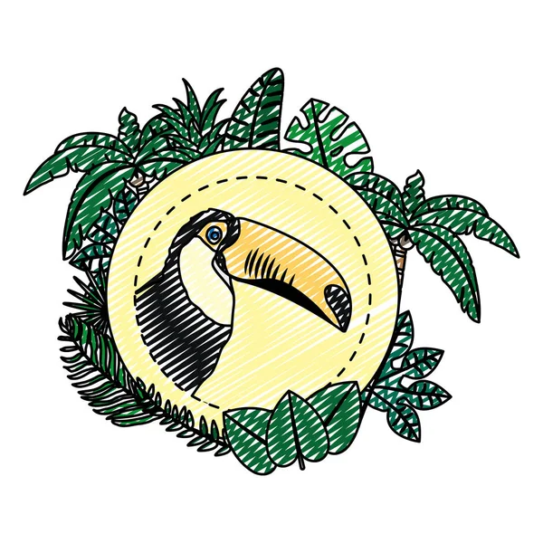 Doodle Pelícano Con Ramas Exóticas Hojas Decoración Vector Ilustración — Archivo Imágenes Vectoriales