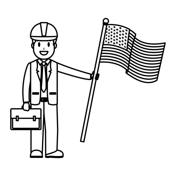 Line Affärsman Med Hjälm Och Usa Flagga Nation Vektorillustration — Stock vektor