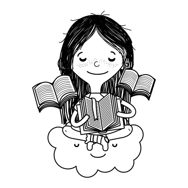Line Girl Sitting Cloud Reading Books Vector Illustration — Stock Vector