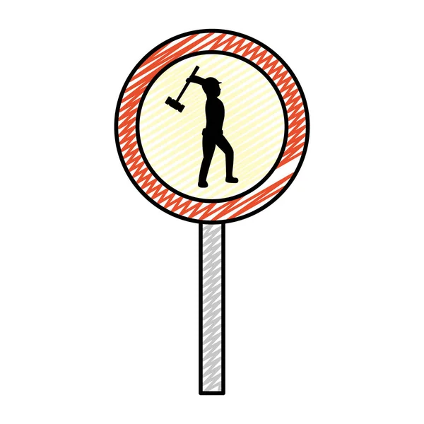 Doodle Círculo Emblema Precaución Obrero Con Ilustración Vectores Mazo — Vector de stock