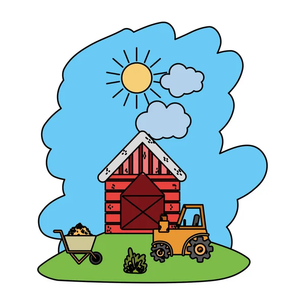 Granja Casa Color Con Tractor Carro Mano Con Ilustración Vector — Vector de stock