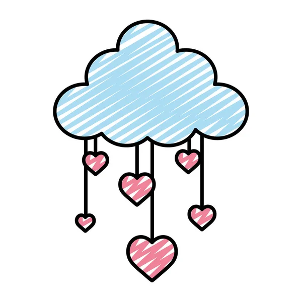 Doodle Natuur Pluizige Wolk Opknoping Harten Vectorillustratie — Stockvector