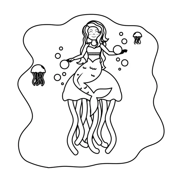 Line Cute Siren Woman Jellyfishes Animals Vector Illustration — Stock Vector