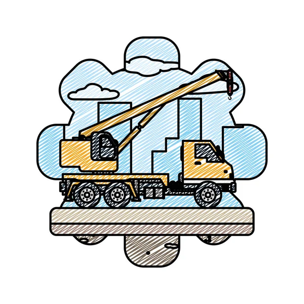 Doodle Truck Pulleys Equipment Construction Industry Vector Illustration — Stock Vector