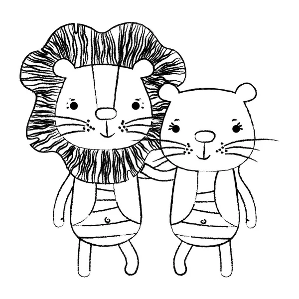 Grunge Couple Lion Ensemble Mignon Animal Vecteur Illustration — Image vectorielle