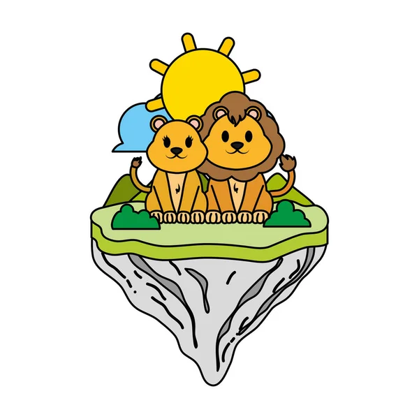 Couleur Couple Lion Animal Dans Flotteur Île Vecteur Illustration — Image vectorielle