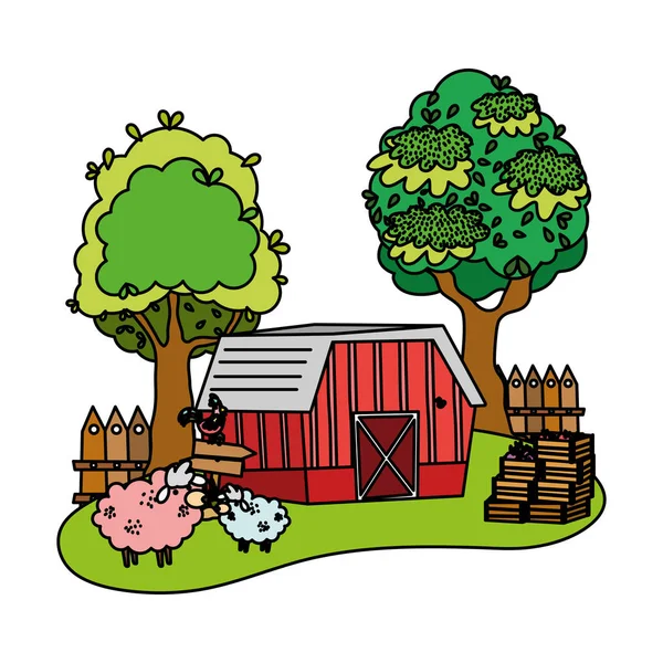Barevné Dům Farma Ovce Kohout Zvířata Vektorové Ilustrace — Stockový vektor