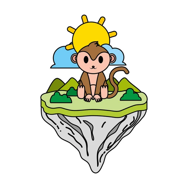Farbe Niedlichen Affen Tier Schwimmenden Insel Vektor Illustration — Stockvektor