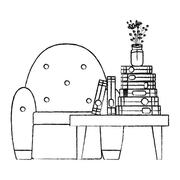 テーブルと椅子のベクトル図にグランジ本 花の花瓶 — ストックベクタ