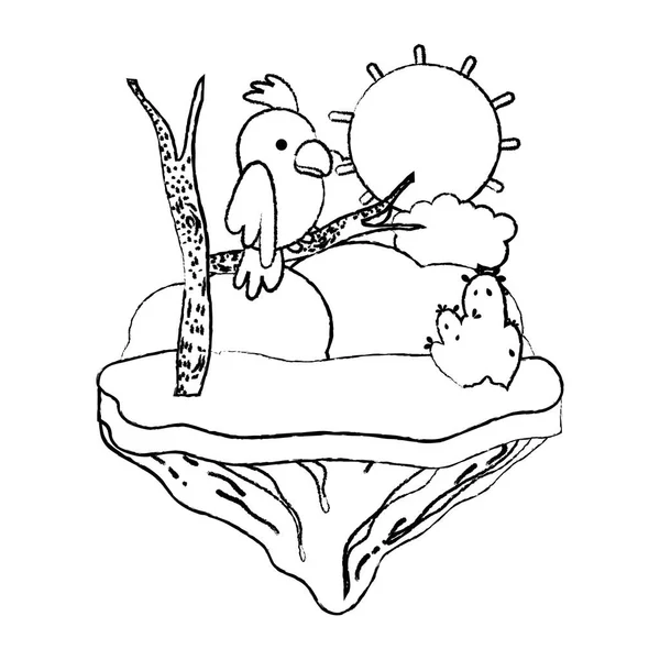 Grunge Papoušek Zvíře Pobočkou Plovoucí Ostrov Vektorové Ilustrace — Stockový vektor