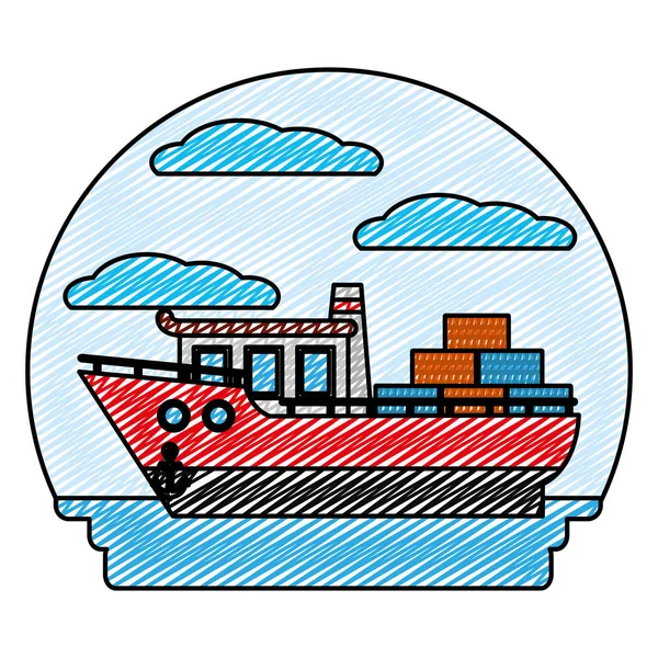 Doodle Seite Schiffstransport Mit Containern Frachtvektor Illustration — Stockvektor