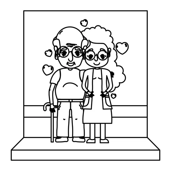 Ligne Femme Homme Couple Âgé Avec Coeur Illustration Vectorielle — Image vectorielle