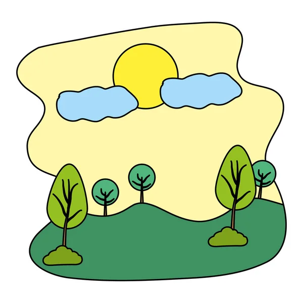 Färg Natur Landskap Träd Med Sol Och Moln Vektor Illustration — Stock vektor