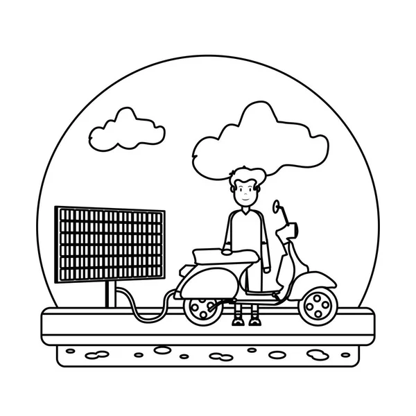 Linienmann Lädt Motorrad Mit Solarenergie Vektor Illustration — Stockvektor