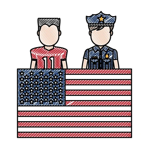 Doodle Football Player Policeman Uniform Usa Flag Vector Illustration — Stock Vector