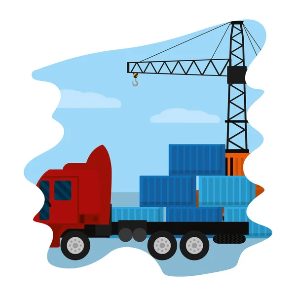 Frachtcontainer Mit Lkw Transport Und Kranvektordarstellung — Stockvektor