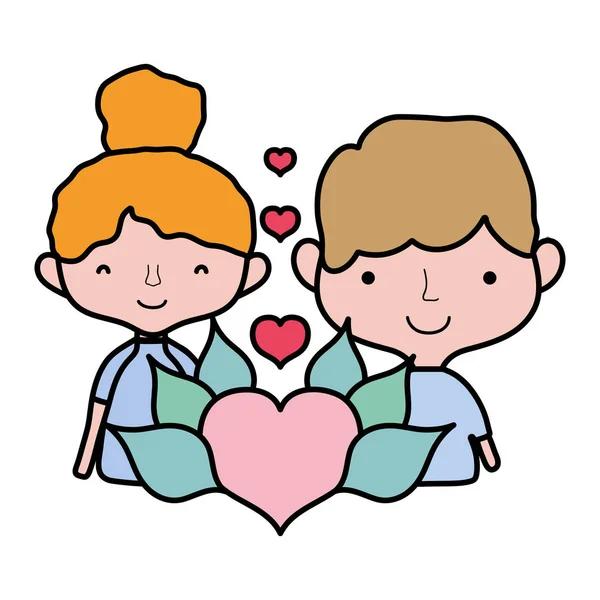 Couleur Couple Heureux Avec Des Cœurs Passion Feuilles Illustration Vectorielle — Image vectorielle