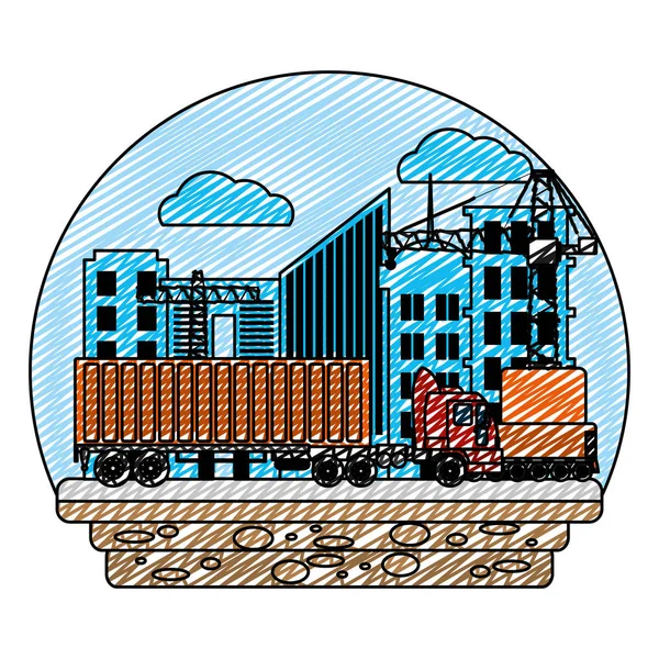 Vrachtwagen Transport Met Containervracht Doodle Kraan Vectorillustratie — Stockvector