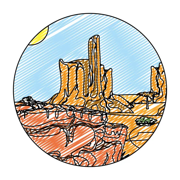 Doodle Wüste Palme Mit Canyon Landschaft Vektor Illustration — Stockvektor