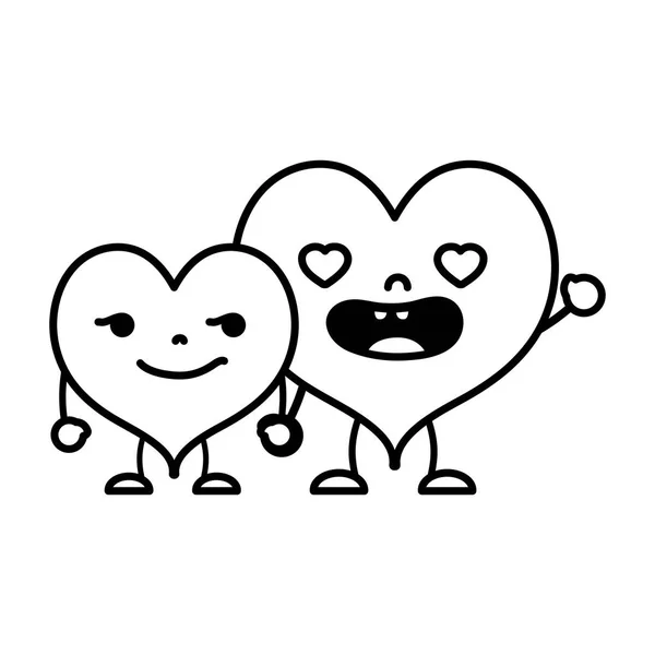 Line Kawaii Cute Heart Couple Arms Legs Vector Illustration — Stock Vector