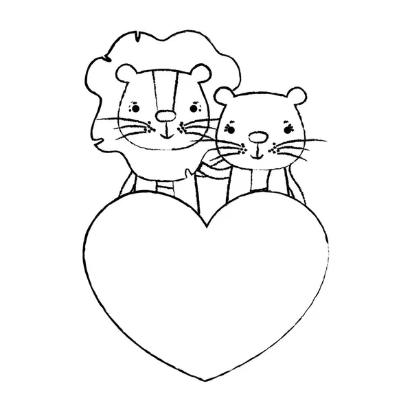 Couple Grunge Lion Avec Mignon Coeur Vecteur Illustration — Image vectorielle