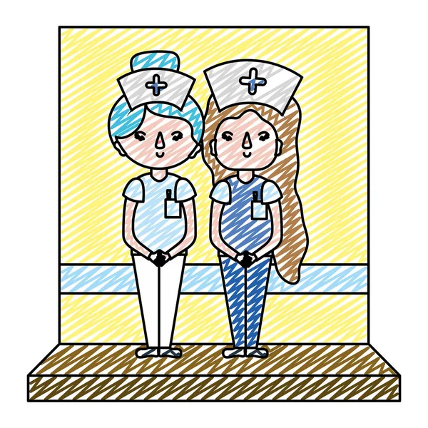 Doodle Van Professionele Vrouwen Verpleegkundigen Met Hoed Uniforme Vectorillustratie — Stockvector
