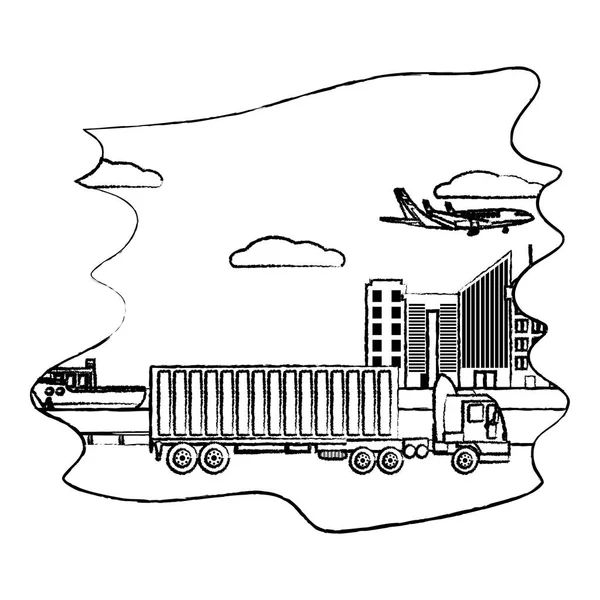グランジ配信サービス トラック コンテナーと飛行機と船のベクトル図 — ストックベクタ