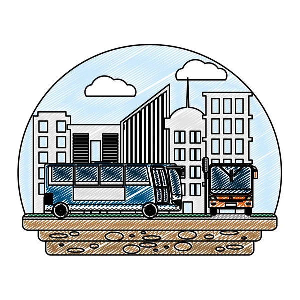 Doodle Transporte Autobuses Urbanos Ciudad Vector Pasajeros Ilustración — Vector de stock