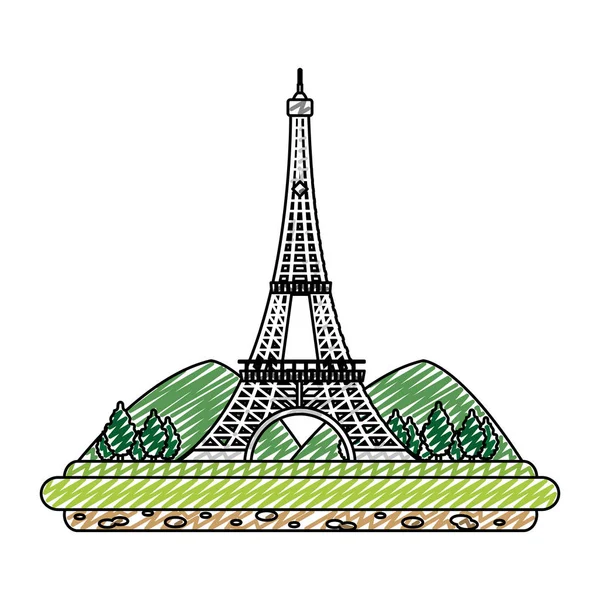 Torre Eiffel Doodle Com Montanhase Árvores Paisagem Vetor Ilustração —  Vetores de Stock