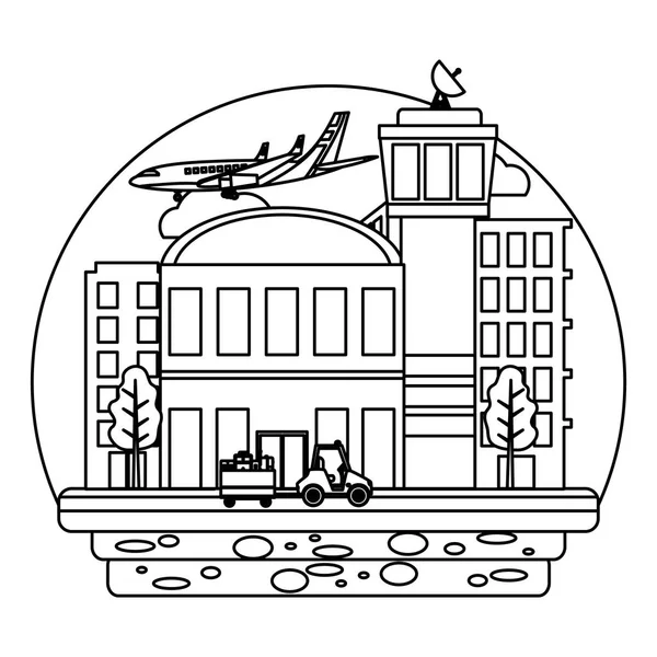 荷物と飛行機のベクトル図をけん引車両線空港 — ストックベクタ