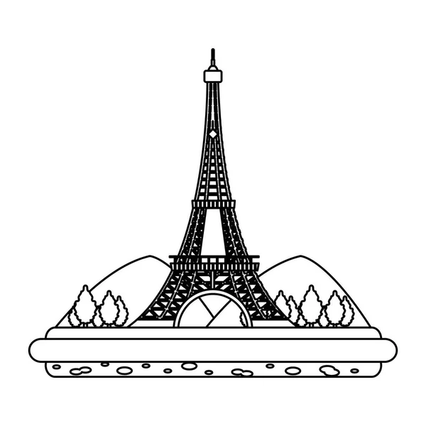 Line Eiffel Tower Mountainsand Trees Landscape Vector Illustration — Stock Vector