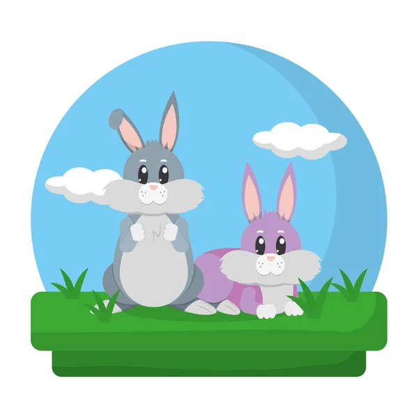 Cute Rabbits Friends Animals Landscape Vector Illustration — Stock Vector