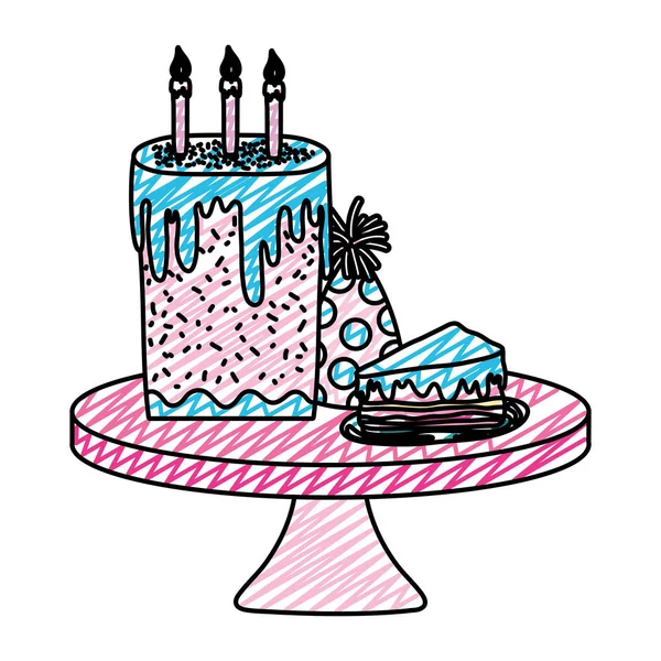 Doodle Hat Party Com Bolos Nas Mesas Ilustração Vetor Aniversário — Vetor de Stock