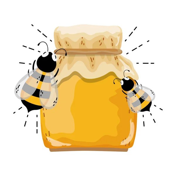 Kristallglas Mit Köstlichem Honig Und Bienen Vektorillustration — Stockvektor