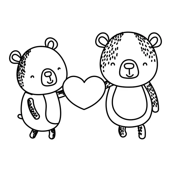 Ligne Couple Ours Avec Coeur Mignon Dans Leurs Mains Illustration — Image vectorielle