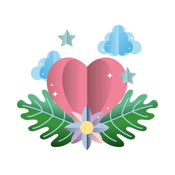 Coração Com Estrelas Ecologia Flor Folhas Vetor Ilustração —  Vetores de Stock