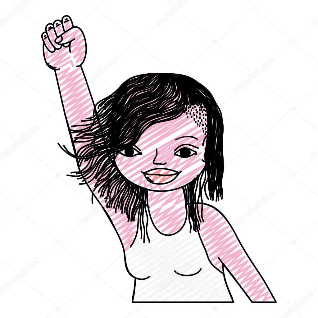 doodle happy woman with hairstyle and hand oppose up vector illustration