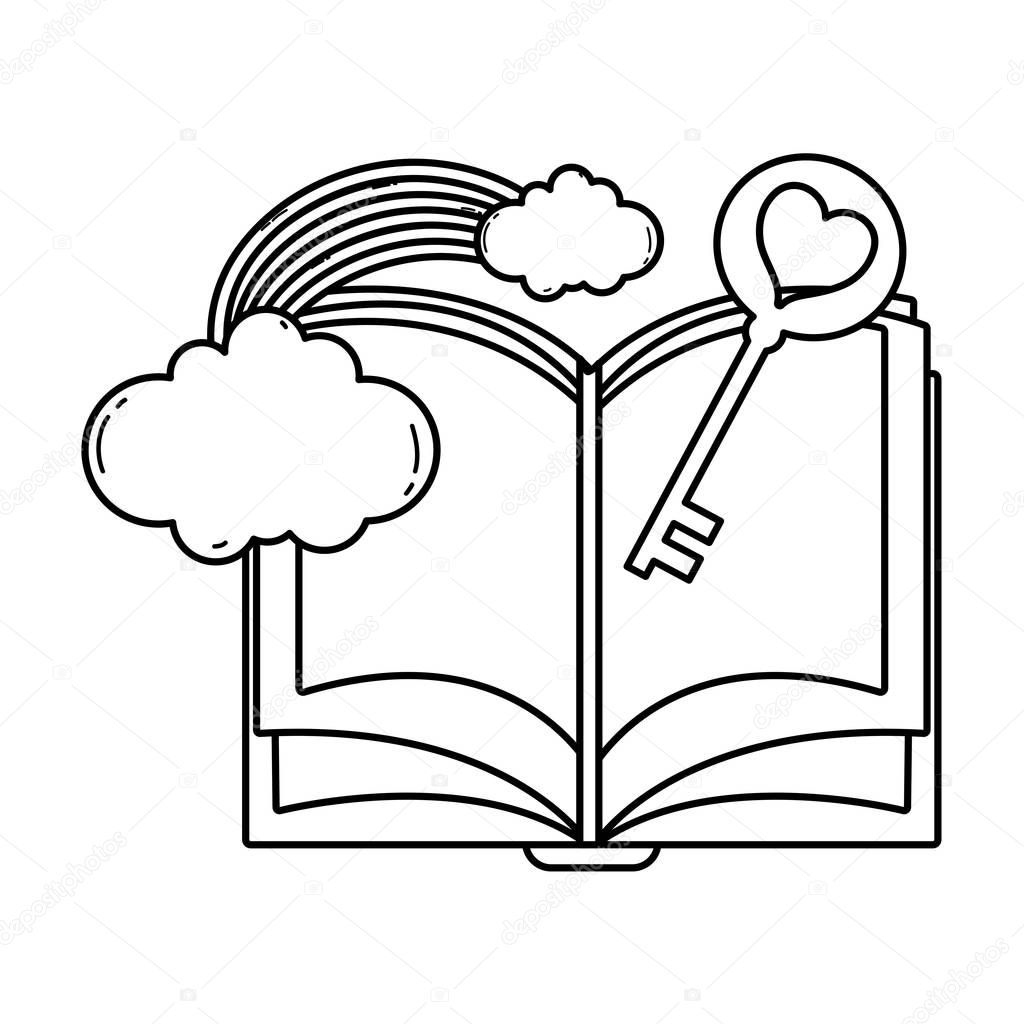 line open book with heart key and rainbow clouds vector illustration