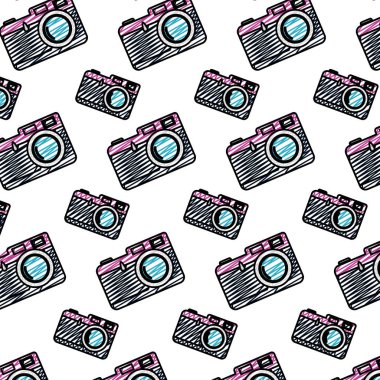 Retro odak fotoğraf makinesi ekipmanları arka plan vektör çizim doodle