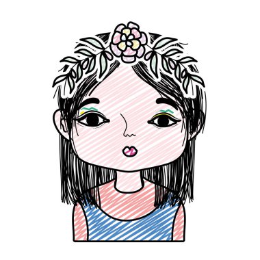 Doodle kadınla şube yaprakları ve baş vektör çizim çiçek