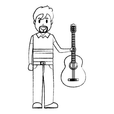 Grunge mutlu müzisyen el vektör çizim enstrüman gitar ile